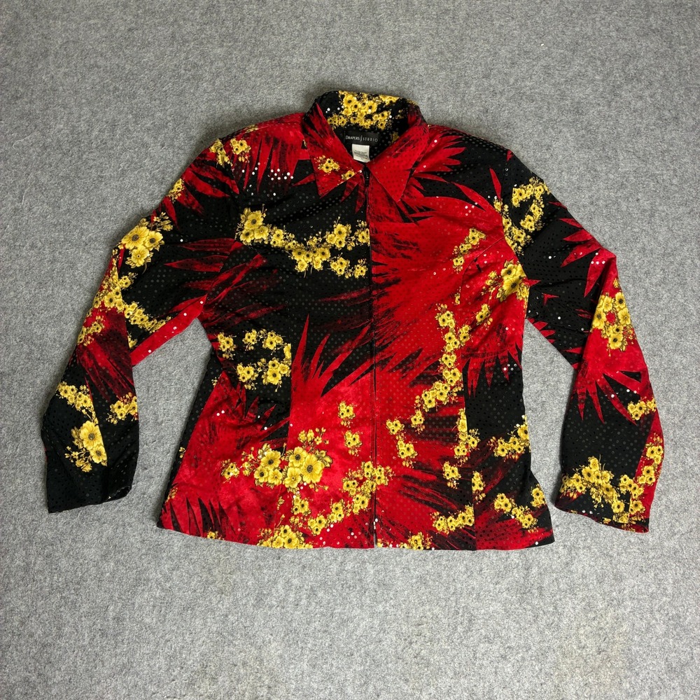 Drapers Studio Womens Medium Red Black Floral Sequin Zip Front Jacket Irvine